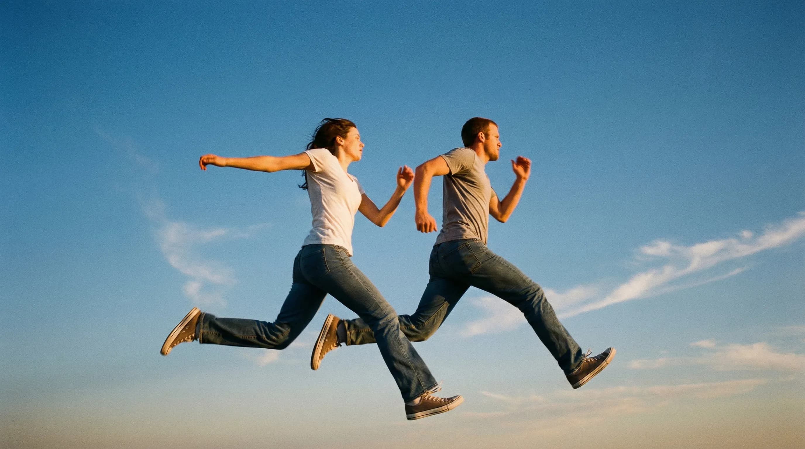 Dos personas saltando hacia adelante contra un cielo despejado